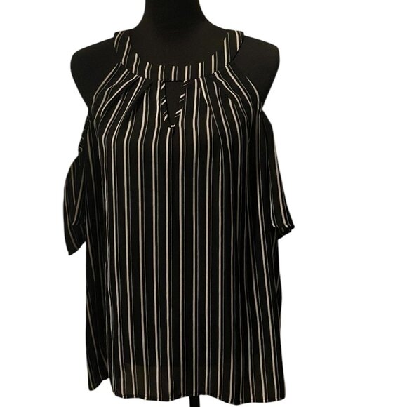 BLACK & WHITE STRIPE COLD SHOULDER BLOUSE - Picture 1 of 3
